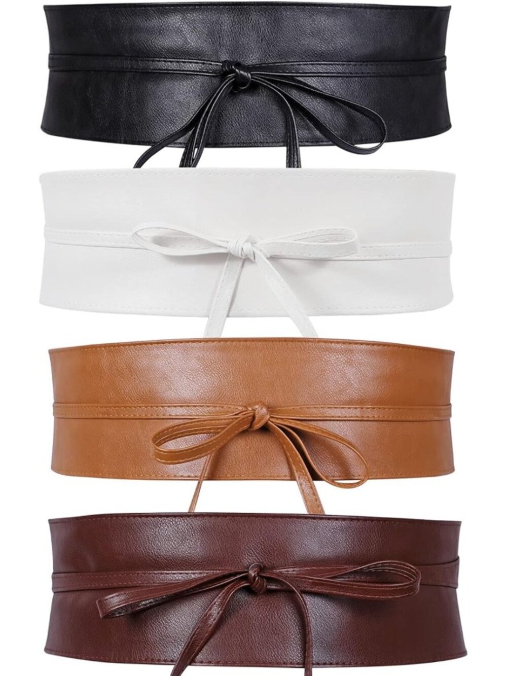 4 Pack Women’s Boho Obi Belt - PU Leather Self Tie Wrap Wide Waistband for